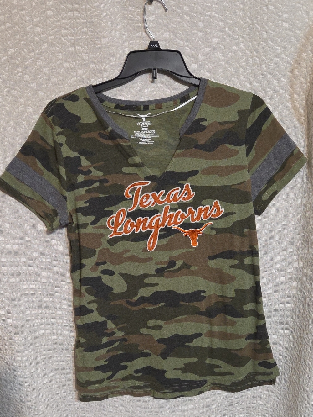 Texas Longhorns Women's Camo V-Neck Tee with Orange Script